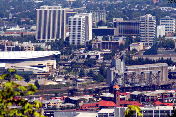 Skyline of Portland Rose Garden Arena & hotel district through to Union Station. Portland, OR.