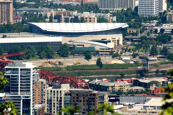 Portland Rose Garden Arena (1995) (1 Center Court) & NW Broadway Bridge over Willamette River. Portland, OR. Architect: Ellerbe Becket.