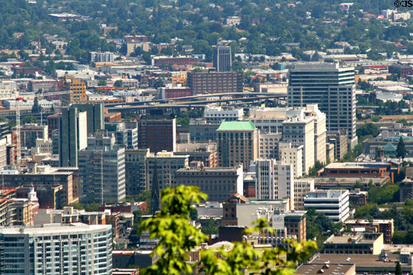 Skyline of Portland with buildings along Broadway north from Courthouse Square. Portland, OR.