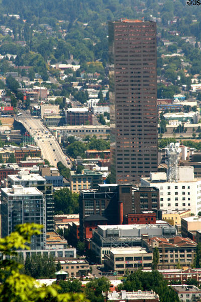 U.S. Bancorp Tower (1983) (42 floors) (111 SW 5th Ave.) with Burnside Bridge on skyline of Portland. Portland, OR. Architect: Luckman Partnership.
