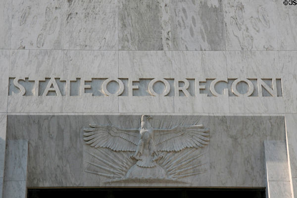 Carved eagle over entrance of Oregon State Capitol. Salem, OR.