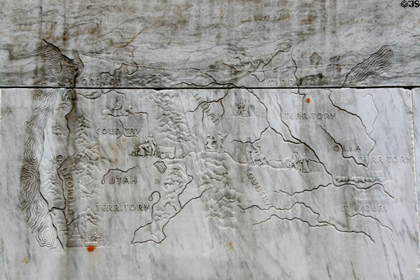 Oregon Trail intaglio map on Covered Wagon monument at Oregon State Capitol. Salem, OR.