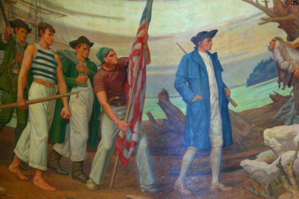 Detail of mural Captain Robert Gray & his ship Columbia Rediviva naming the Columbia River (1792) of Oregon State Capitol. Salem, OR.