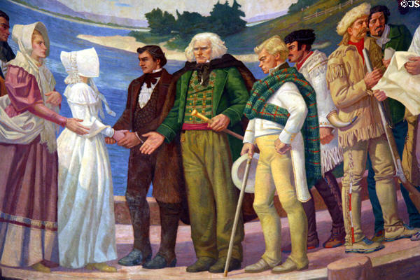 Detail of mural of Dr. McLouchlin welcoming first white women to Fort Vancouver (1836) in Oregon State Capitol. Salem, OR.