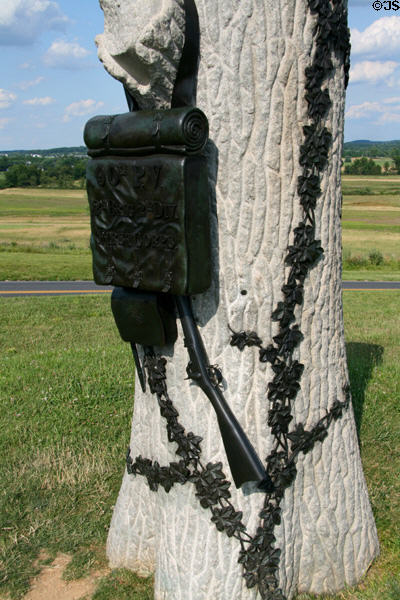 Detail of Pennsylvania 90th Infantry monument with bronze infantry pack at Gettysburg National Military Park. Gettysburg, PA.