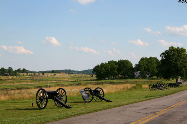 Positions of Army of Northern Virginia on Seminary Ridge for Day 2 & 3 with Union army on hills beyond at Gettysburg National Military Park. Gettysburg, PA.
