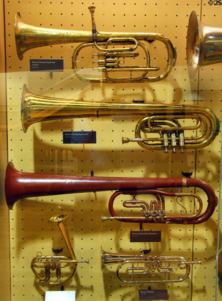 Collection of brass instruments used in the Civil War at Gettysburg NPS Museum. Gettysburg, PA.