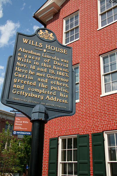Commemorative sign for David Wills House where Lincoln finished his Gettysburg Address. Gettysburg, PA.