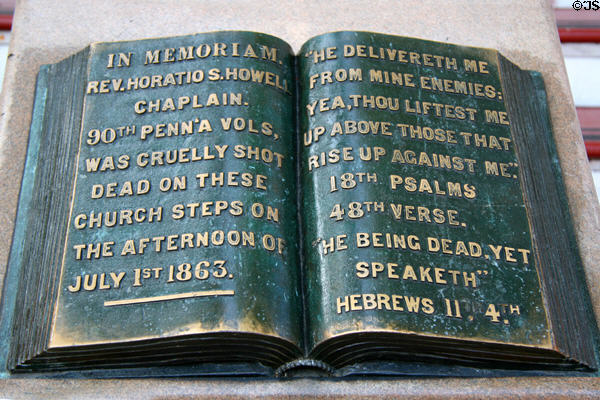 Memorial plaque to Pennsylvania soldier on steps of Christ Lutheran Church on July 1, 1863. Gettysburg, PA.