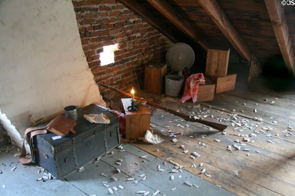 Confederate sniper's nest recreated in attic of Shriver House Museum. Gettysburg, PA.
