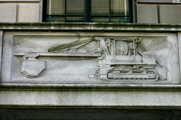 Art Deco relief of coal-mining drag line machine on North Office Building of State Government complex. Harrisburg, PA.