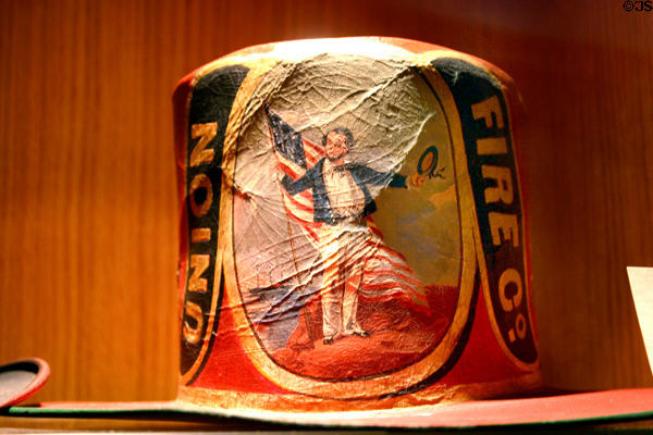 Union Fire Co. felt parade hat (c1819) with sailor holding flag at Harrisburg Fire Museum. Harrisburg, PA.