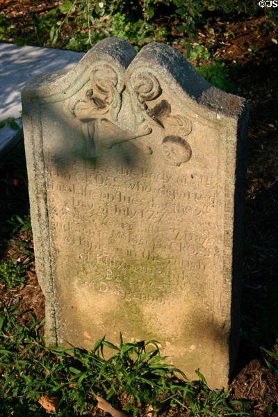 Gravestone with skull & crossbones (1775) in graveyard of St. James Episcopal Church. Lancaster, PA.
