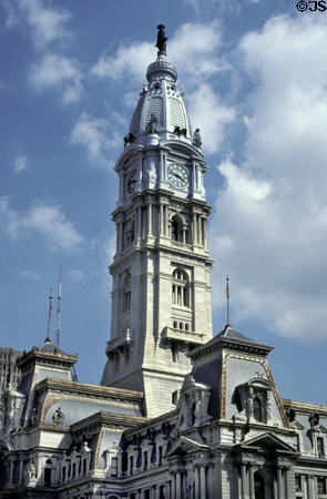 Tower of Philadelphia City Hall with statues by Alexander Milne Calder. Philadelphia, PA.