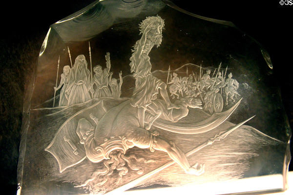 Art glass of David slaying Goliath at National Liberty Museum. Philadelphia, PA.