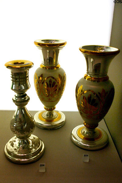 Mercury glass vases & candlestick (c1865-80) attrib. to New England Glass Co. at Philadelphia Museum of Art. Philadelphia, PA.
