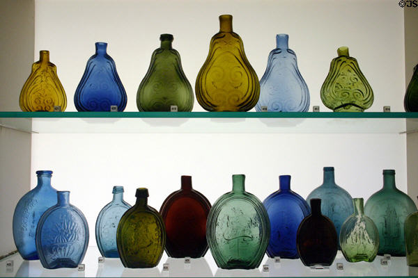 Colored glass flasks (c early to mid 19thC) from Baltimore at Philadelphia Museum of Art. Philadelphia, PA.