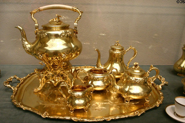 Gilded silver & ivory coffee & tea service (1852) by Carl Johan Tegelsten in made for Russian royalty at Philadelphia Museum of Art. Philadelphia, PA.