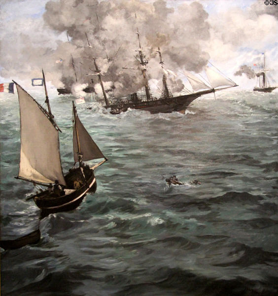 Civil War Battle of USS Kearsarge & CSS Alabama (1864) off Cherbourg, France painted by Édouard Manet at Philadelphia Museum of Art. Philadelphia, PA.