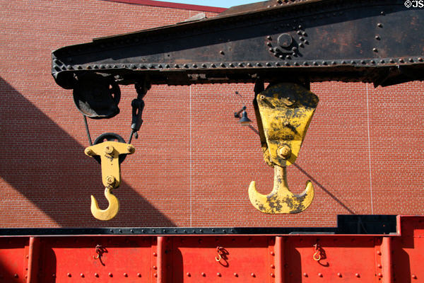 Steam powered wrecking crane hooks of CNJ #5 (1918) at Steamtown. Scranton, PA.