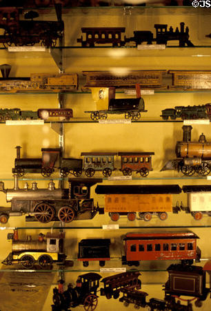 Early tin locomotives & wagons in National Toy Train Museum. Strasburg, PA.