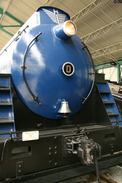 Moderne nose of Pennsylvania Power & Light fireless steam locomotive #D (1939) which carried steam in giant thermos bottle at Railroad Museum of Pennsylvania. Strasburg, PA.