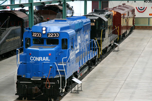 Row of Diesel locomotives at Railroad Museum of Pennsylvania. Strasburg, PA.