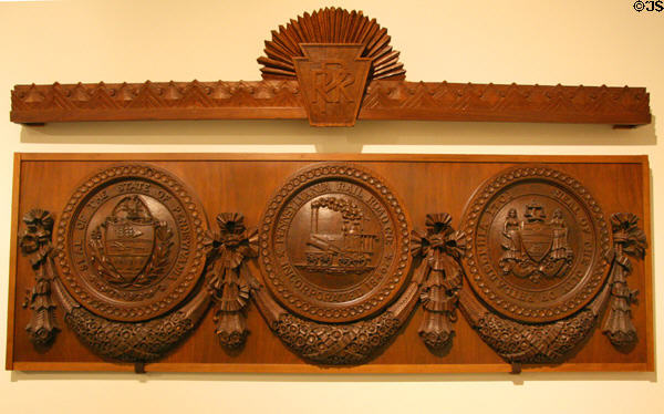 Carved seals of Pennsylvania Rail Road Company (PRR) at Railroad Museum of Pennsylvania. Strasburg, PA.