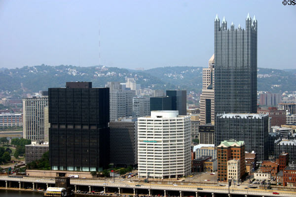 Golden Triangle skyline of Pittsburgh with black Westinghouse Tower, white National City Center & PPG Place with escarpment of Allegheny River beyond. Pittsburgh, PA.