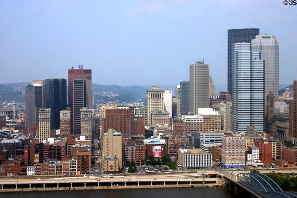 Heritage skyscrapers of Pittsburgh against ever higher buildings moving east on the downtown triangle. Pittsburgh, PA.