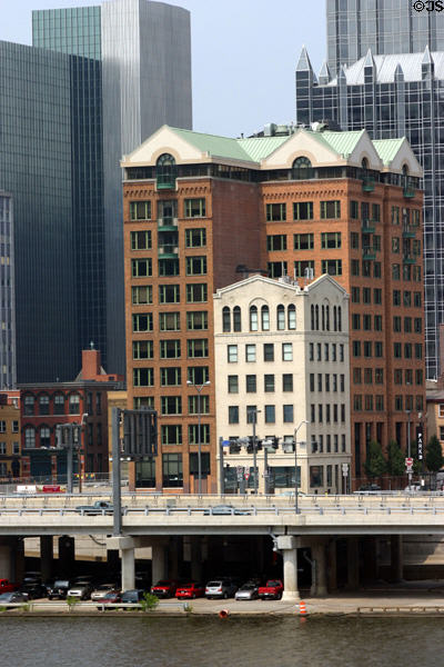 Modern building with Victorian flavor beside PPG Place above Monongahela River. Pittsburgh, PA.