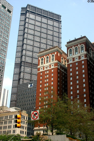 Omni William Penn Hotel (1916) (530 William Penn Place) (18 floors) with U.S. Steel Tower behind. Pittsburgh, PA. Architect: Janssen & Abbott. On National Register.