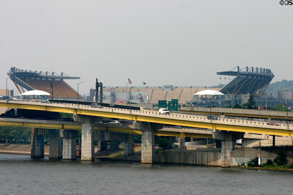Freeways bridge edge of Ohio River around Heinz Stadium. Pittsburgh, PA.