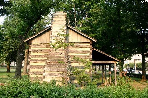 Log cabin end view on University of Pittsburgh campus. Pittsburgh, PA.