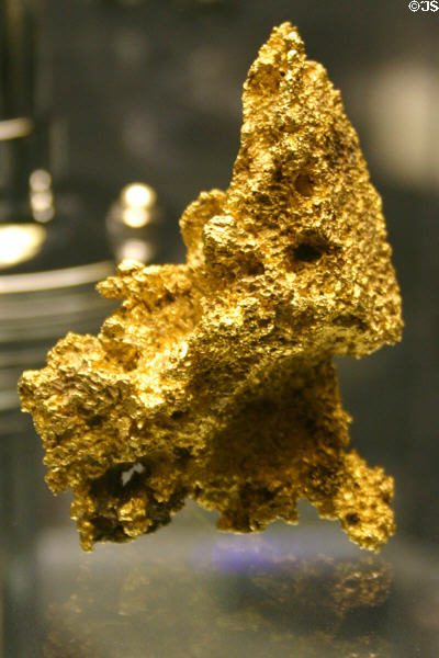 Gold nugget in mineral gallery of Carnegie Museum of Natural History. Pittsburgh, PA.