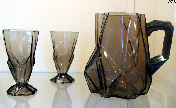 Glass Ruba Rombic pitcher & tumblers (1928-32) by Reuben Haley & made by Consolidated Lamp & Glass Co. of Coraopolis, PA at Carnegie Museum of Art. Pittsburgh, PA.