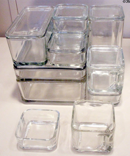 Glass Kubus storage containers (1938) by Wilhelm Wagenfeld & made by Vereinigte Lausitzer Glaswerke of Germany at Carnegie Museum of Art. Pittsburgh, PA.