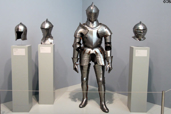 Steel armor (c1530) from Austria & collection of helmets at Carnegie Museum of Art. Pittsburgh, PA.
