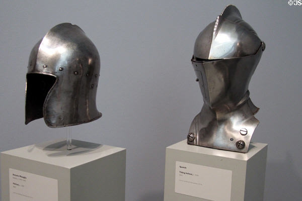 Italian steel helmet (c1450) by Antonio Missaglia & Spanish steel tilting helmet (c1550) at Carnegie Museum of Art. Pittsburgh, PA.