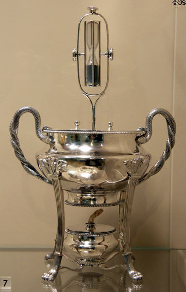 Silver egg coddler with sand timer (1805-6) by John Edwards III of London at Carnegie Museum of Art. Pittsburgh, PA.