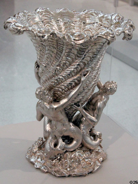 Silver caviar pail or bottle cooler by Edward Hodges Baily & made by Mortimer & Hunt of Britain at Carnegie Museum of Art. Pittsburgh, PA.