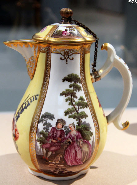 Yellow & white quatrefoil coffee pot (c1745) by Meissen Porcelain Manuf. of Germany at Carnegie Museum of Art. Pittsburgh, PA.