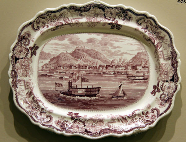 Earthenware platter decorated with view of Pittsburgh, PA (c1832) by James & Ralph Clews of Britain at Carnegie Museum of Art. Pittsburgh, PA.