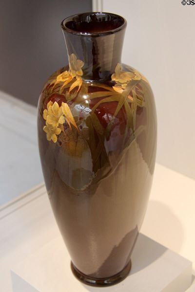 Earthenware brown vase with flowers (1900) by Kataro Shirayamadani of Rookwood Pottery at Carnegie Museum of Art. Pittsburgh, PA.
