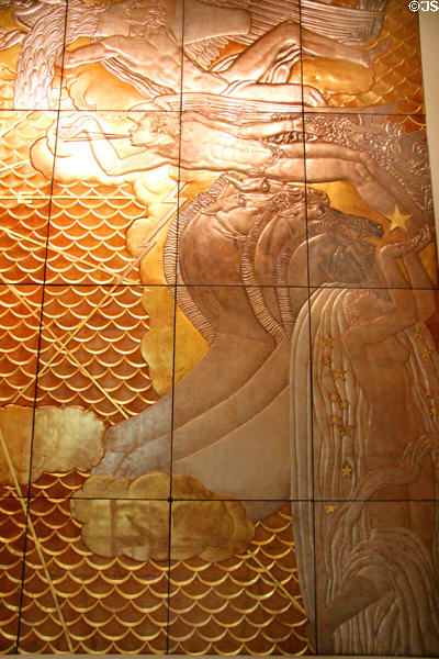 Detail of Chariot of Aurora Art Deco panel from main lounge of French passenger ship Normandie (1935) at Carnegie Museum of Art. Pittsburgh, PA.