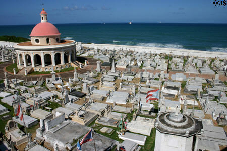 Crypts at edge of sea in San Juan cemetery. San Juan, PR.