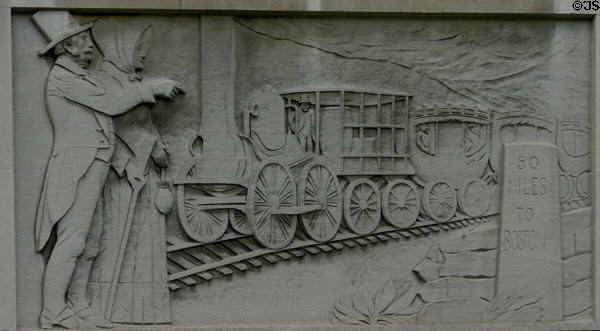Relief showing first Providence to Boston steam train on Bank of America Building. Providence, RI.
