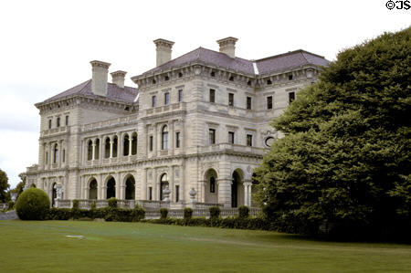 The Breakers mansion ocean-side facade on Cliff Walk was home of Cornelius Vanderbilt II & family. Newport, RI.