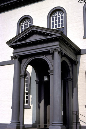 Touro Synagogue (1763) neoclassical entrance. Newport, RI. Architect: Peter Harrison. On National Register.
