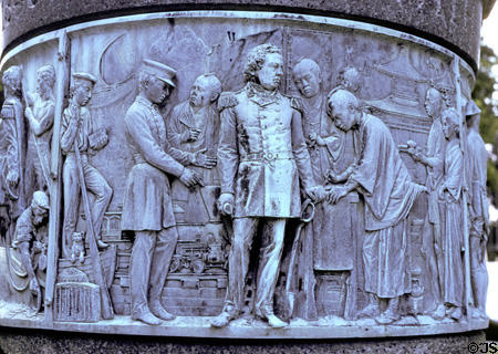 Commodore Mathew Galbraith Perry (1794-1858) Memorial detail showing US treaty with Japan. Newport, RI.